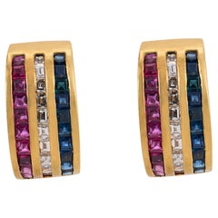Vintage diamond ruby sapphire 18k yellow gold clip earrings
