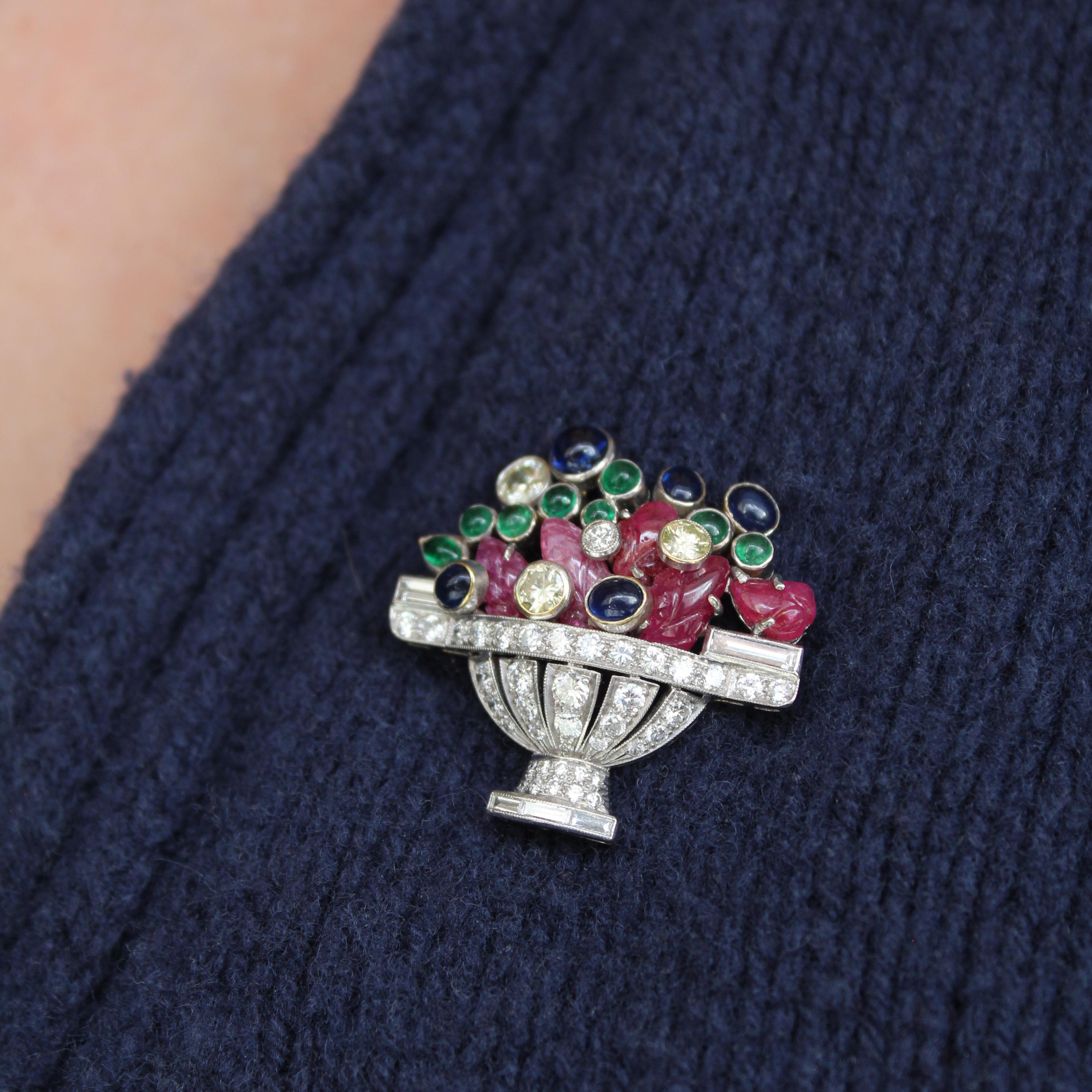 Cabochon Vintage Diamond Ruby Sapphire and Emerald Jardiniére Brooch, Circa 1960 For Sale