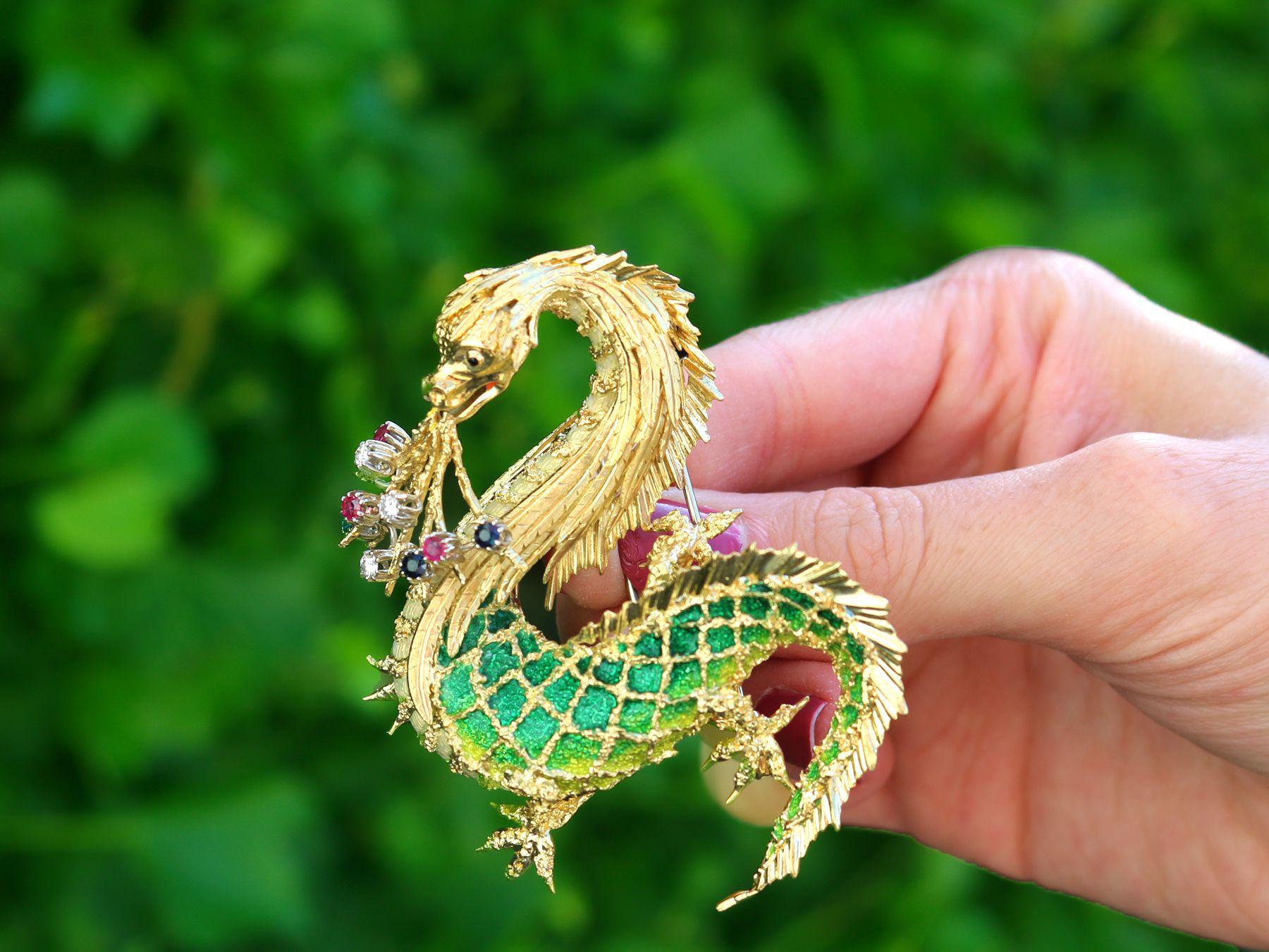 An exceptional, fine and impressive vintage 0.20 carat diamond, 0.20 carat ruby, 0.21 carat sapphire, hot enamel and 18 karat yellow gold dragon brooch; part of our diverse jewelry collections

This exceptional, fine and impressive vintage gold