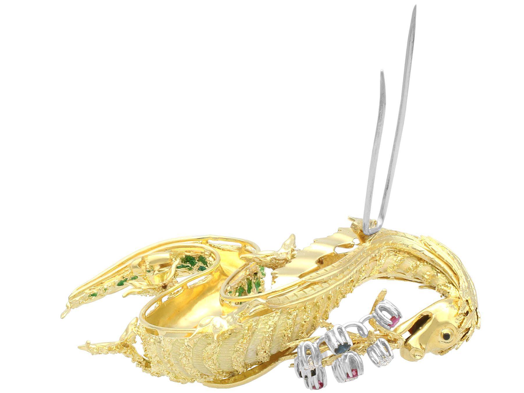 Round Cut Vintage Diamond Ruby Sapphire and Enamel 18K Yellow Gold Dragon Brooch For Sale