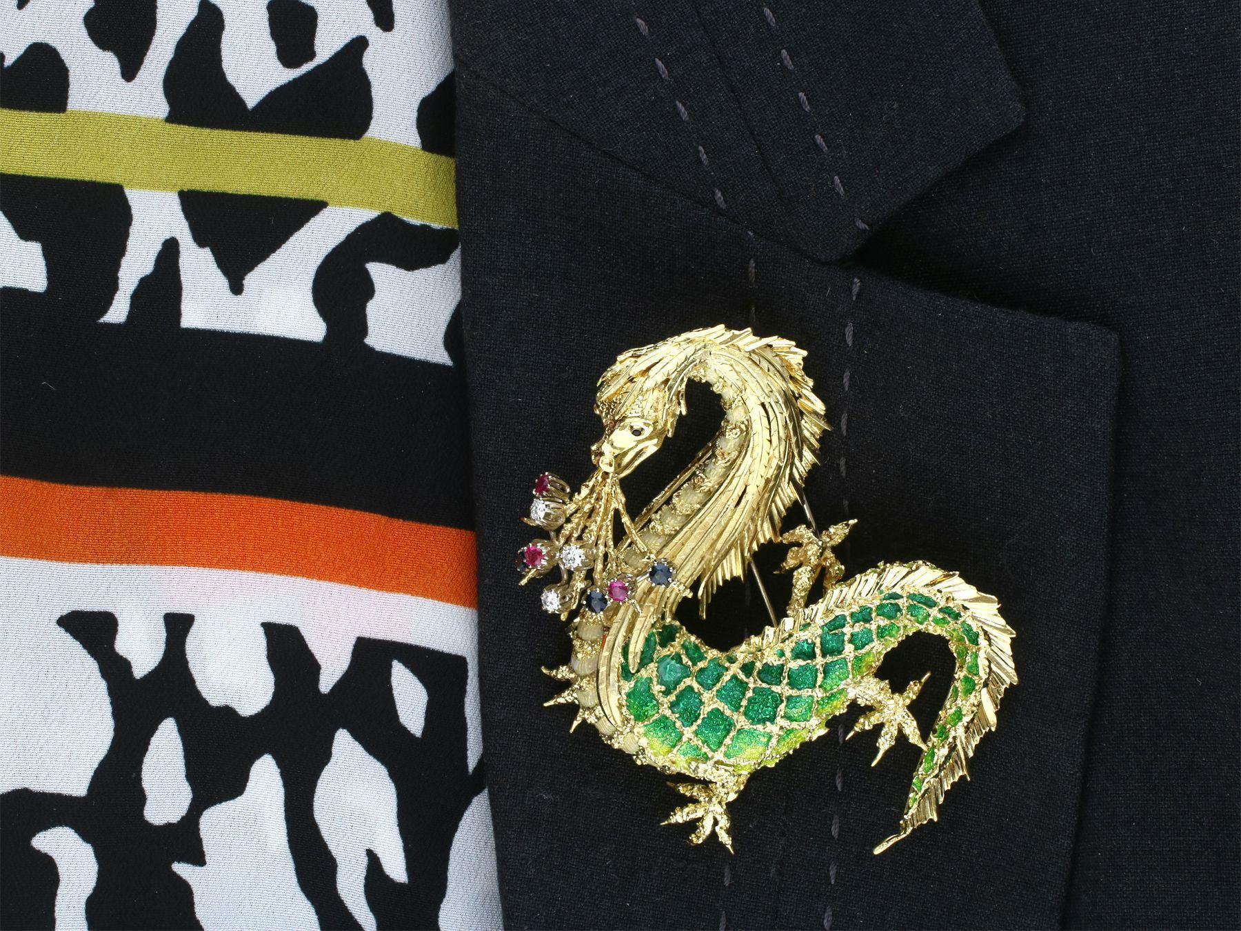 Women's or Men's Vintage Diamond Ruby Sapphire and Enamel 18K Yellow Gold Dragon Brooch For Sale