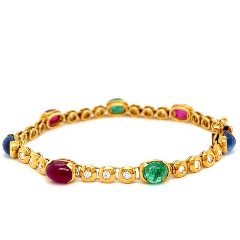 Women's Vintage Diamond Ruby Sapphire Emerald 18k Yellow Gold Link Bracelet
