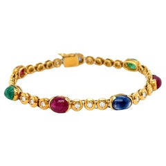 Vintage Diamond Ruby Sapphire Emerald 18K Yellow Gold Link Bracelet