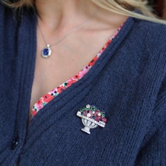 Vintage Diamond Ruby Sapphire Emerald and White Gold Jardiniére Brooch c. 1960