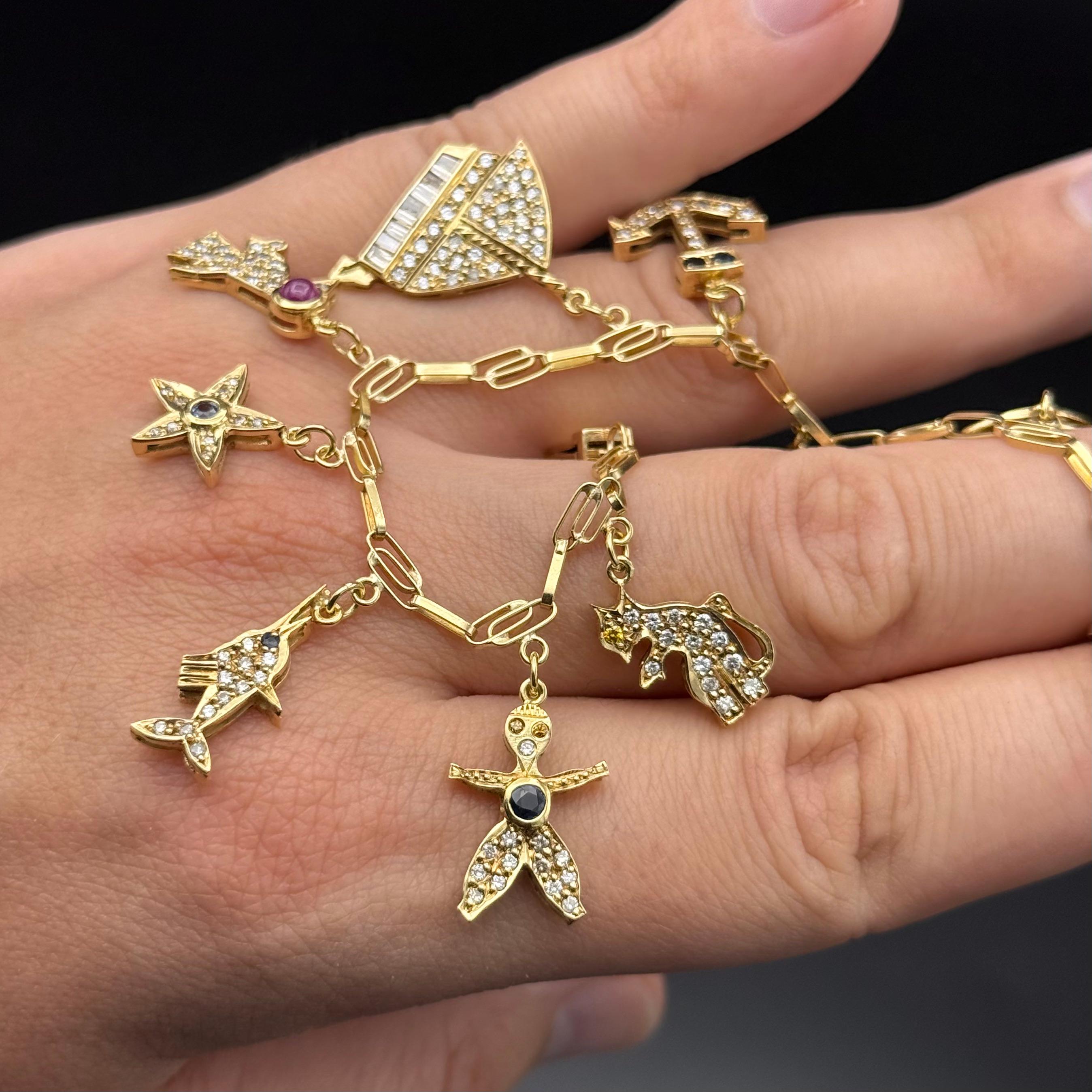 Vintage Diamond Ruby Sapphire Emerald Charm Bracelet Yellow Gold 1980s en vente 4