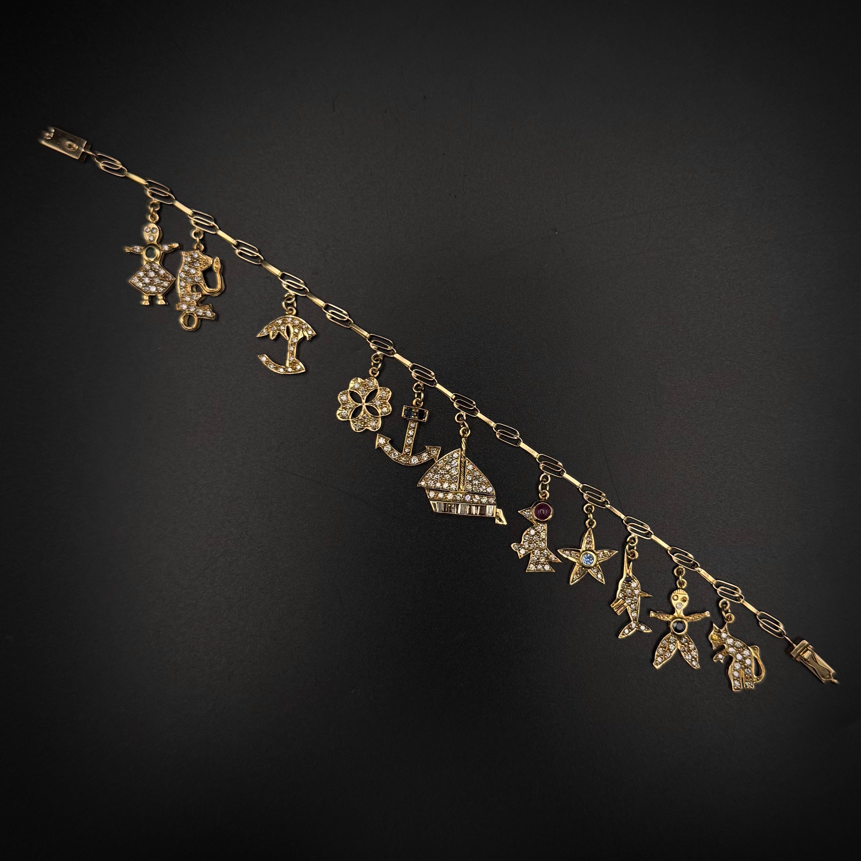 Vintage Diamond Ruby Sapphire Emerald Charm Bracelet Yellow Gold 1980s en vente 5