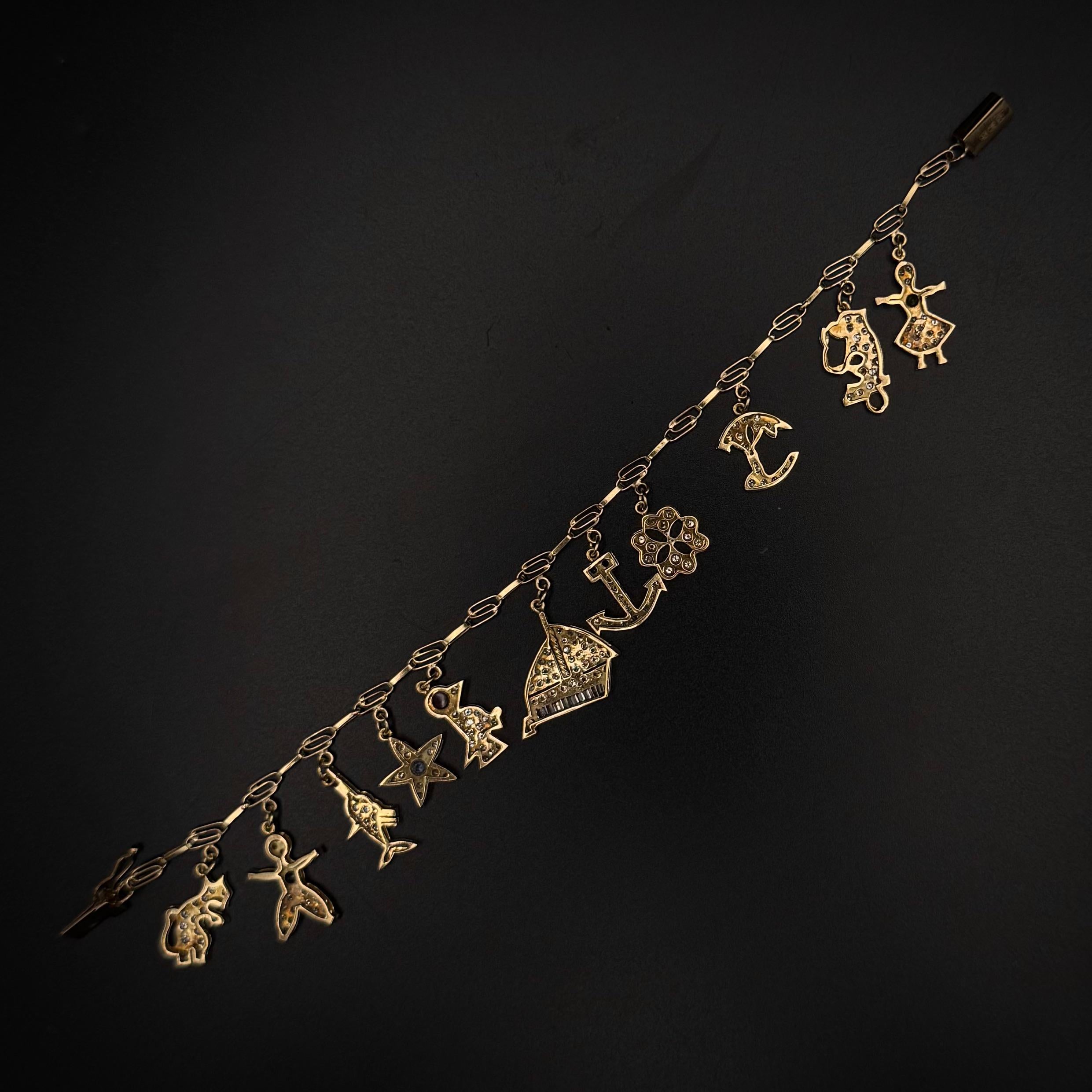 Vintage Diamond Ruby Sapphire Emerald Charm Bracelet Yellow Gold 1980s en vente 6