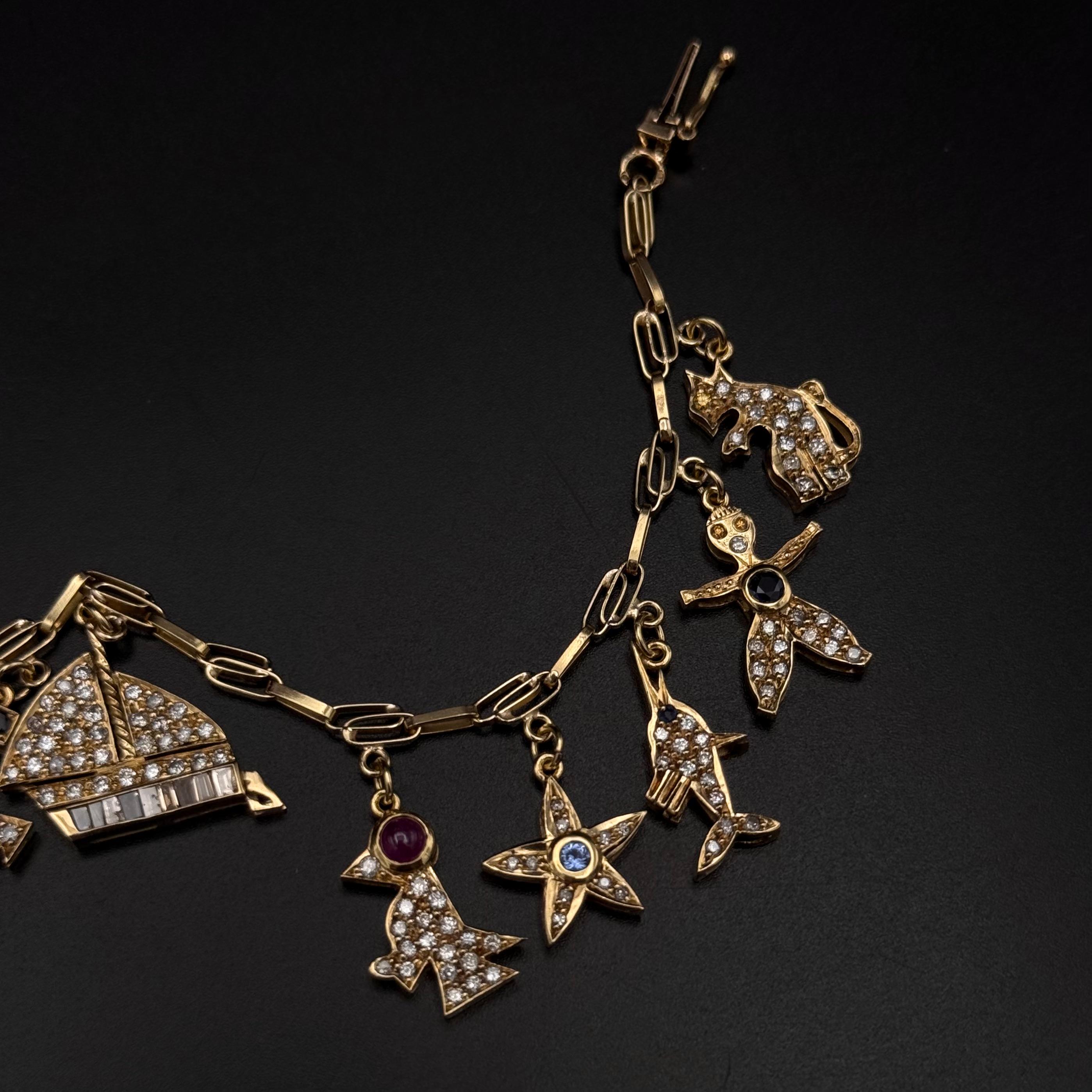 Vintage Diamond Ruby Sapphire Emerald Charm Bracelet Yellow Gold 1980s en vente 7