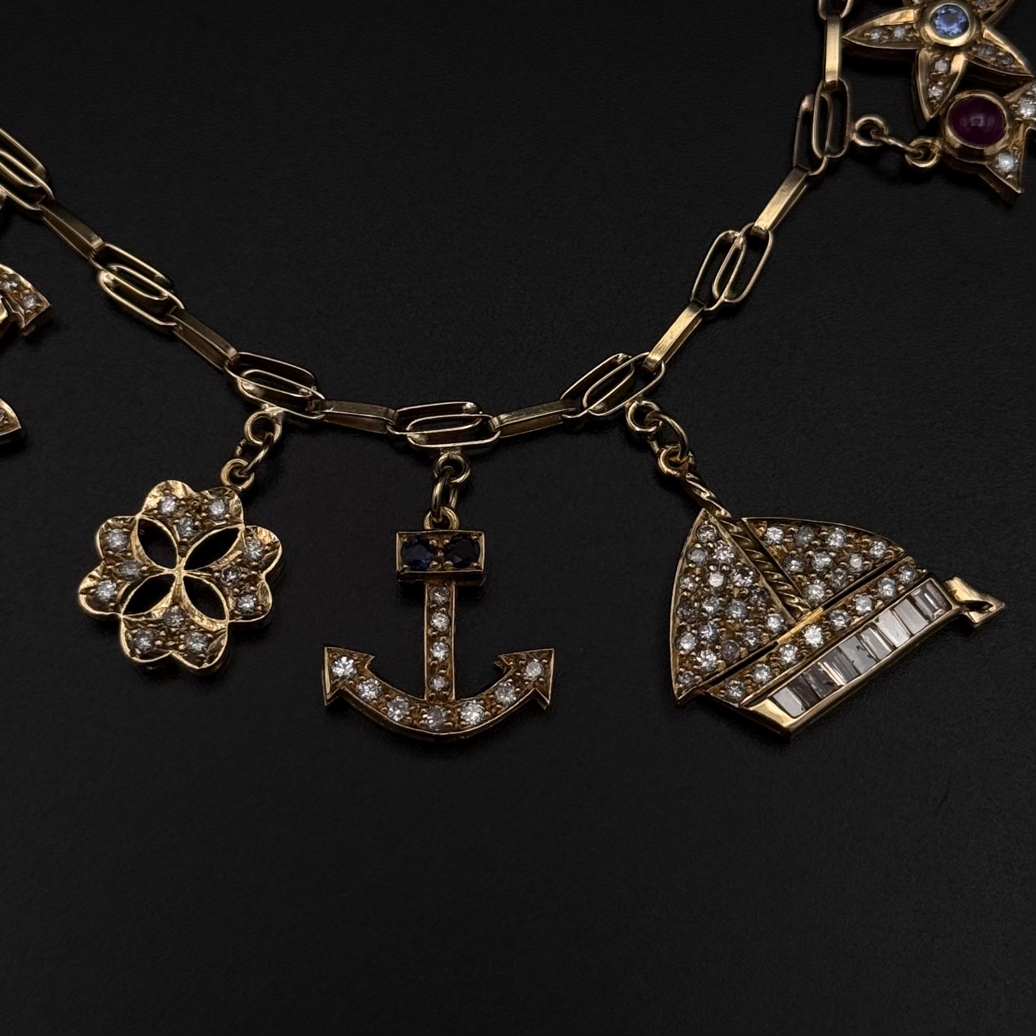 Vintage Diamond Ruby Sapphire Emerald Charm Bracelet Yellow Gold 1980s en vente 8