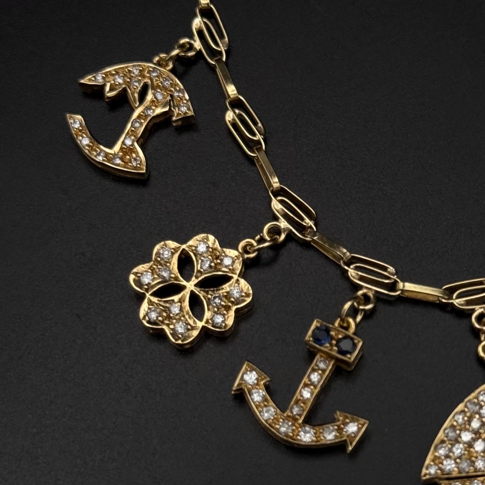 Vintage Diamond Ruby Sapphire Emerald Charm Bracelet Yellow Gold 1980s en vente 9