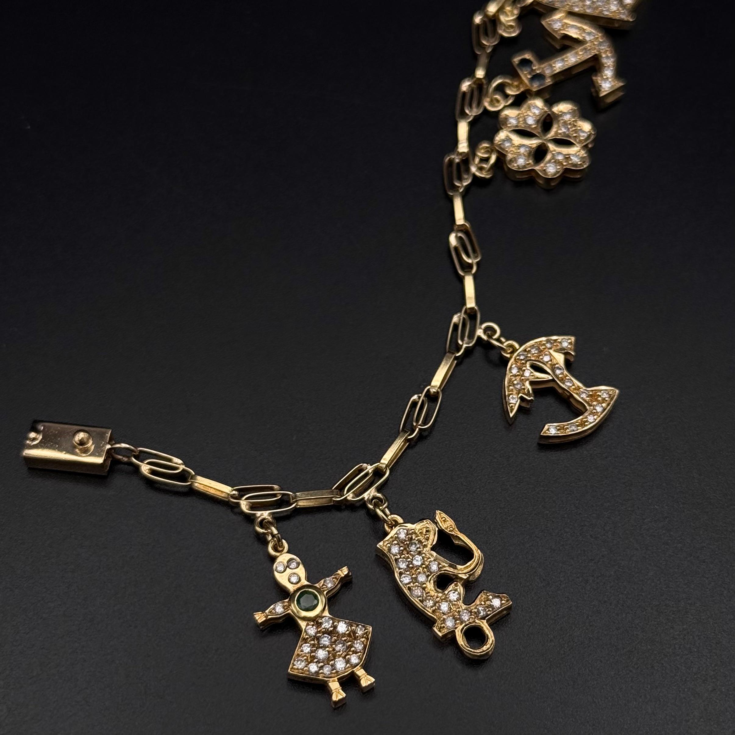 Vintage Diamond Ruby Sapphire Emerald Charm Bracelet Yellow Gold 1980s en vente 10