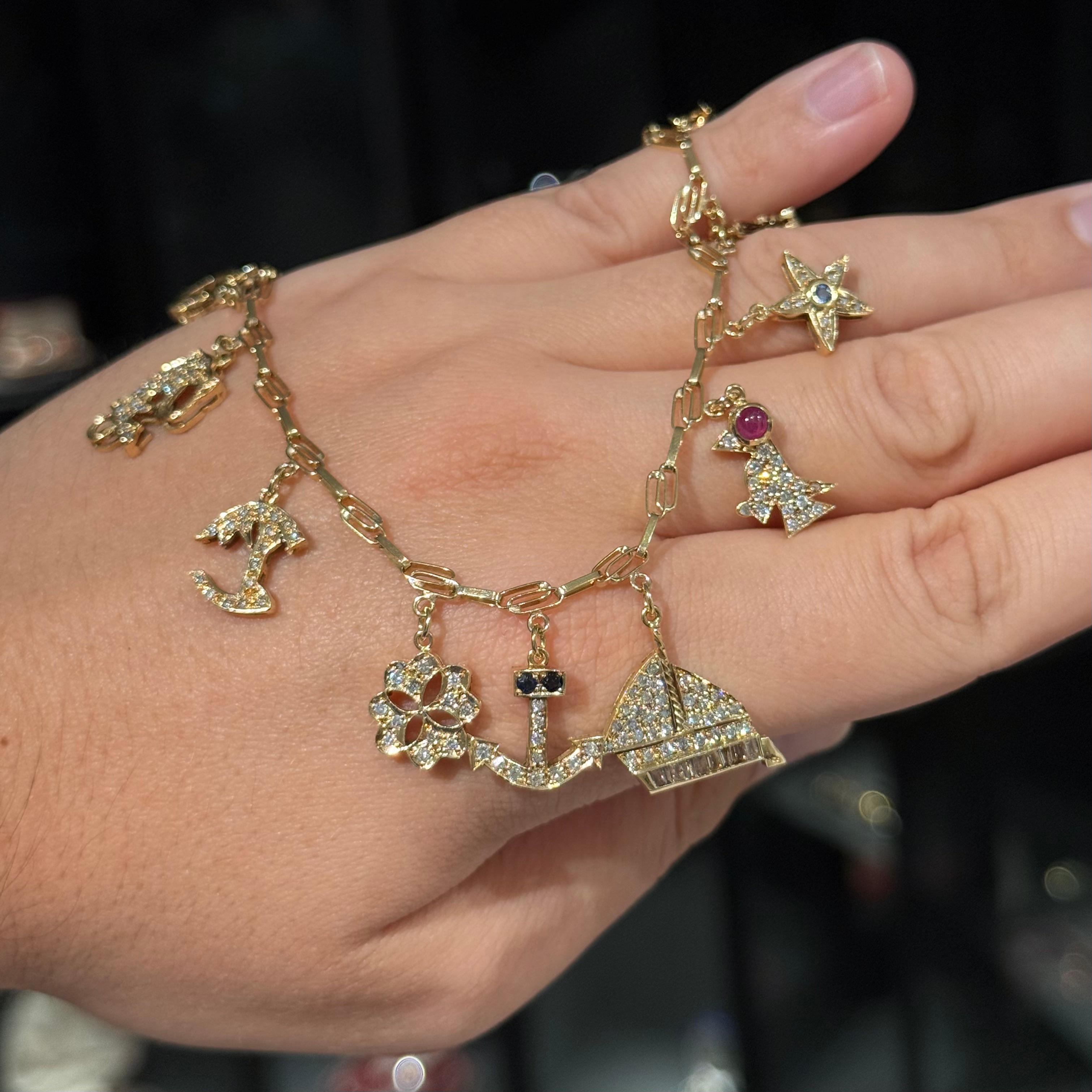 Moderne Vintage Diamond Ruby Sapphire Emerald Charm Bracelet Yellow Gold 1980s en vente