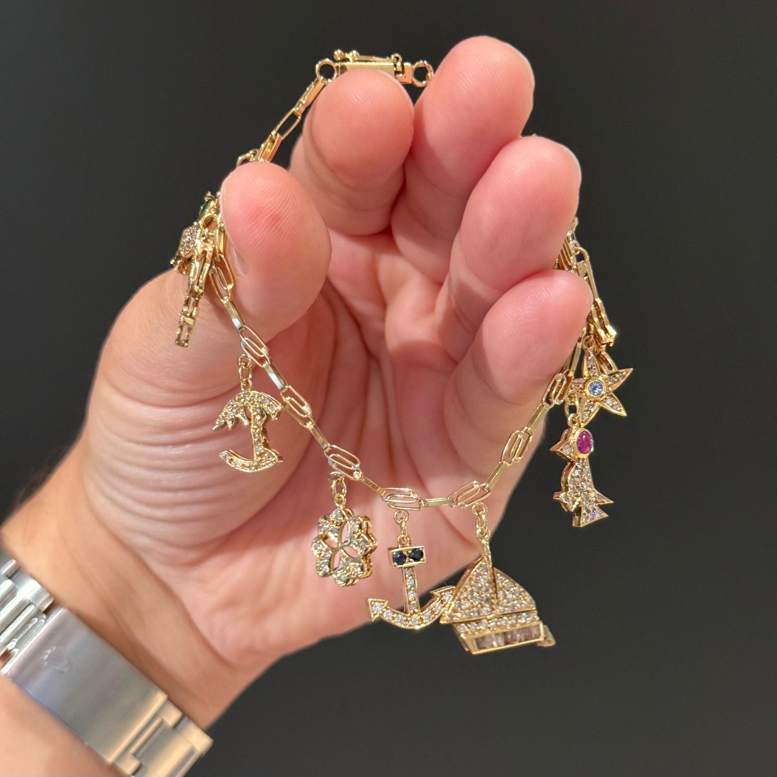 Vintage Diamond Ruby Sapphire Emerald Charm Bracelet Yellow Gold 1980s Unisexe en vente