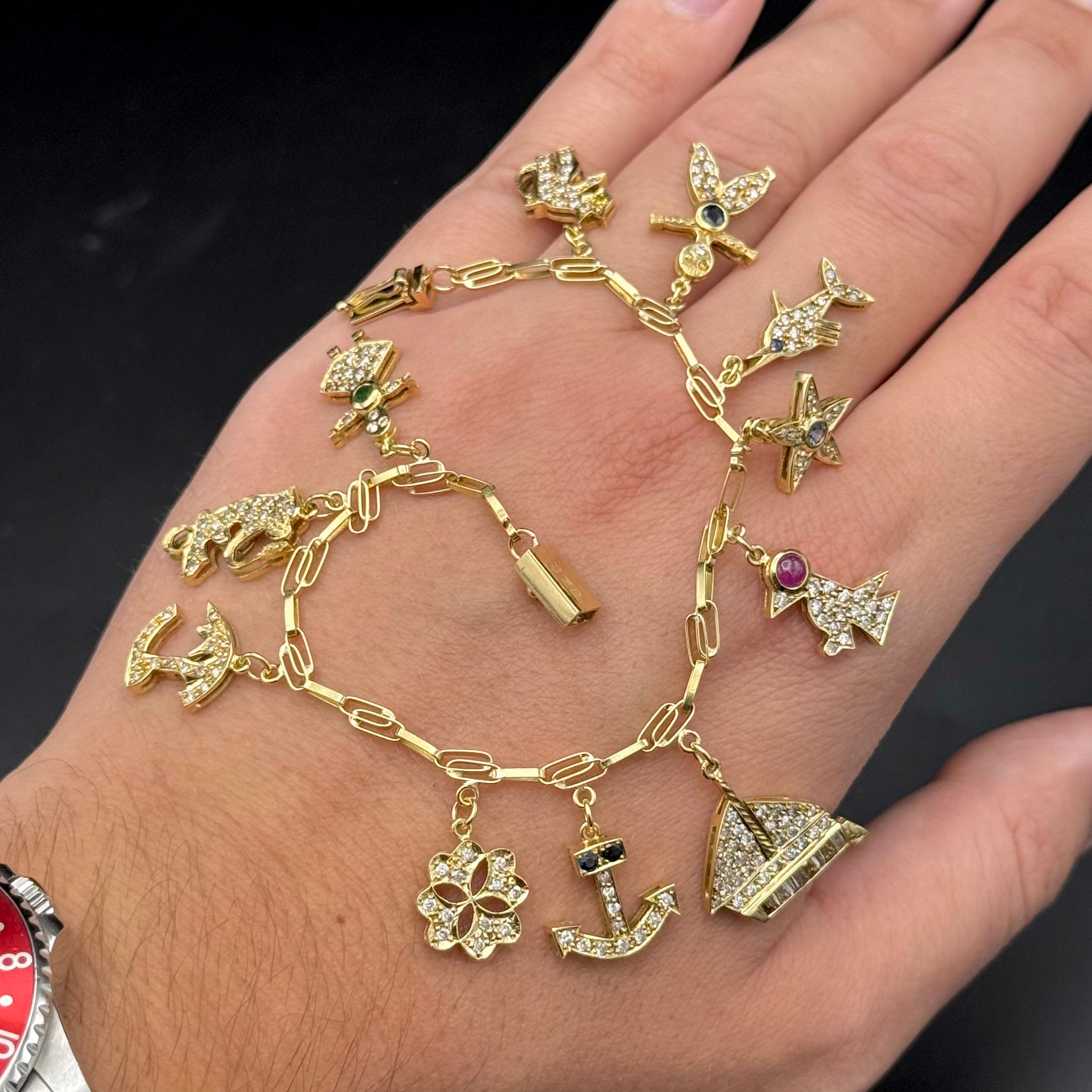 Vintage Diamond Ruby Sapphire Emerald Charm Bracelet Yellow Gold 1980s en vente 1