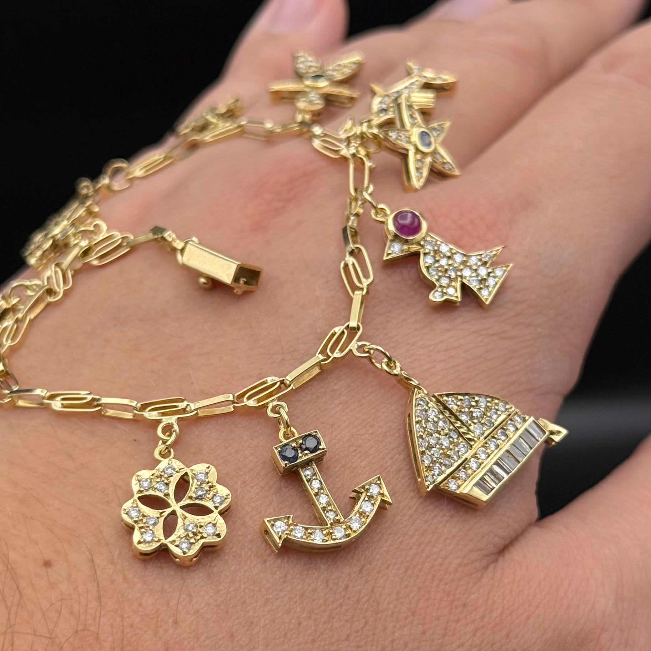 Vintage Diamond Ruby Sapphire Emerald Charm Bracelet Yellow Gold 1980s en vente 2