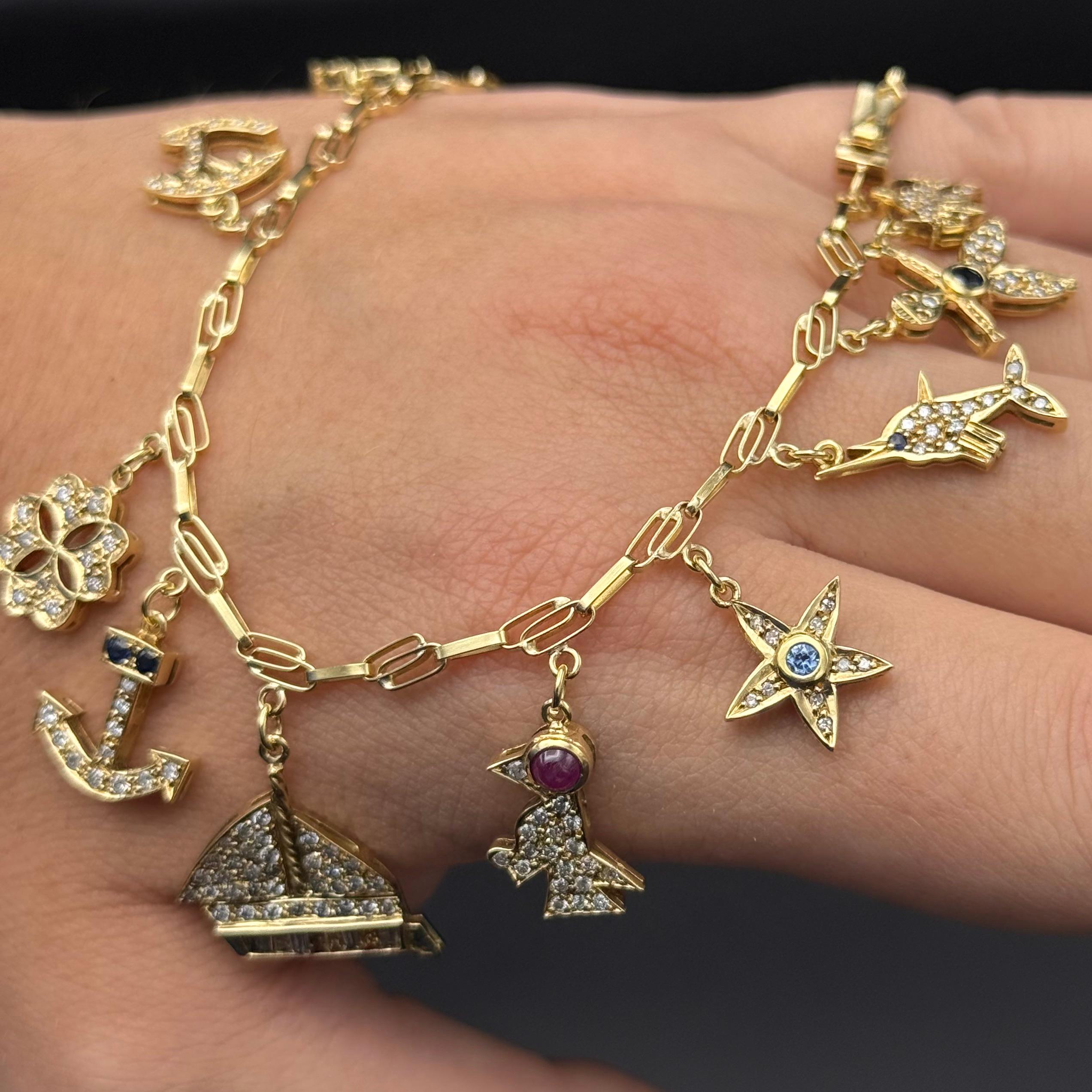 Vintage Diamond Ruby Sapphire Emerald Charm Bracelet Yellow Gold 1980s en vente 3