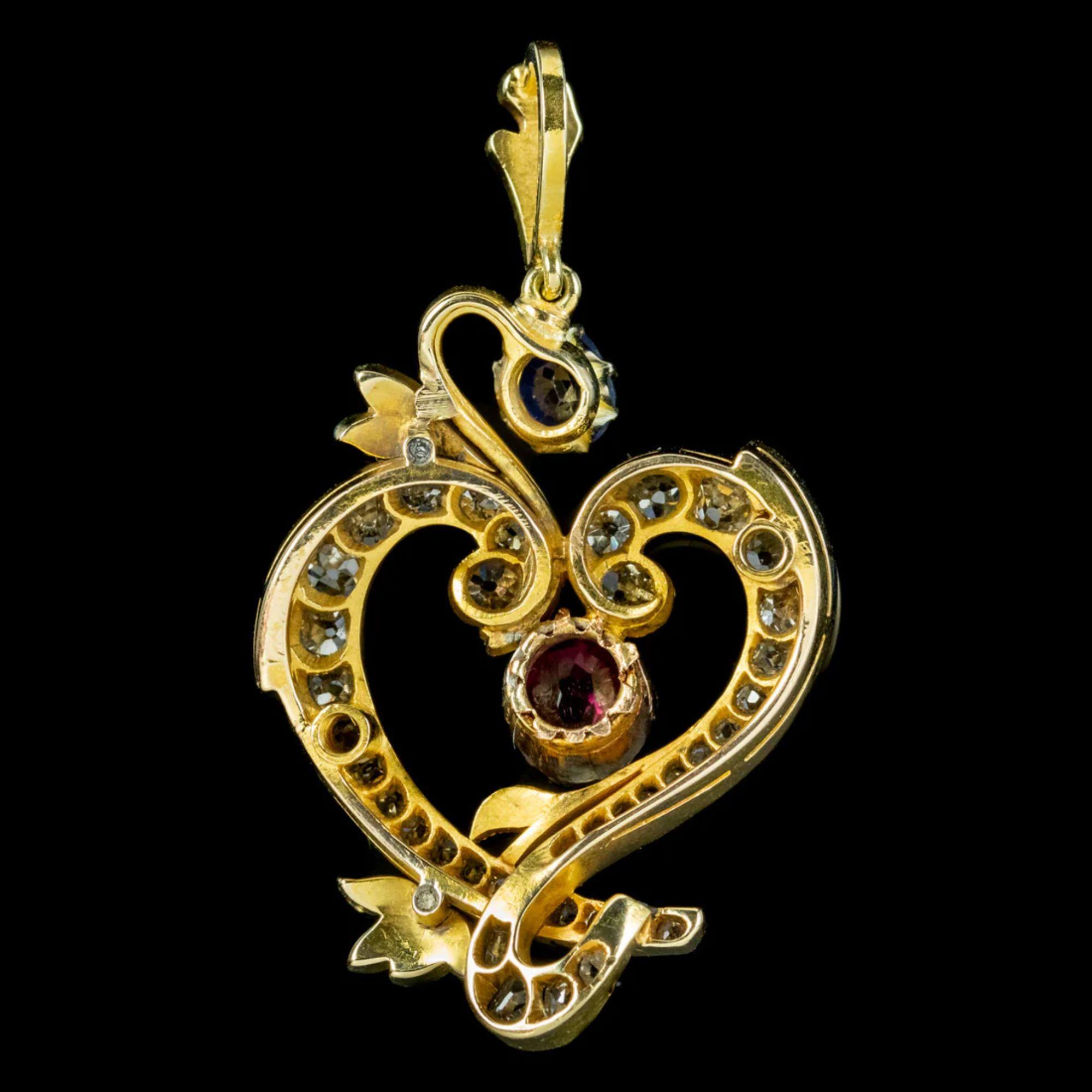 Art Nouveau Vintage Diamond Ruby Sapphire Heart Pendant in 18 Carat Gold For Sale