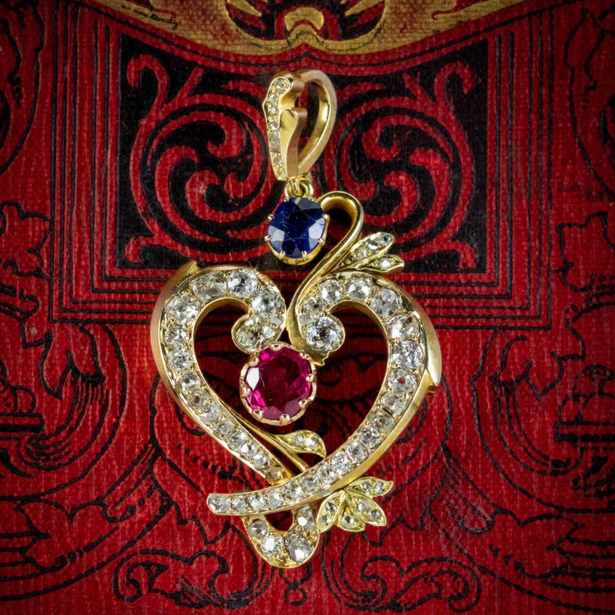Women's Vintage Diamond Ruby Sapphire Heart Pendant in 18 Carat Gold For Sale