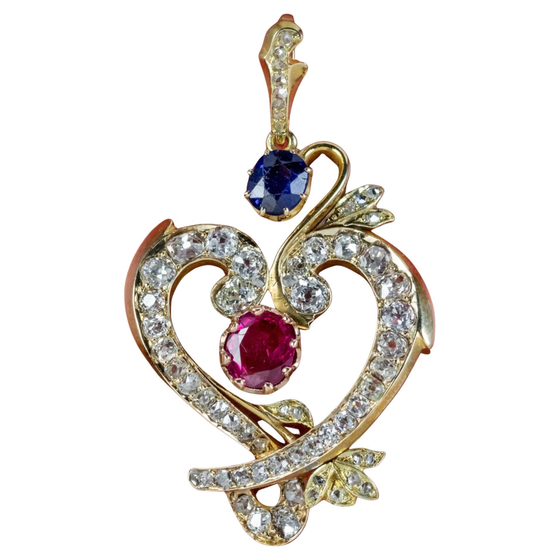 Vintage Diamond Ruby Sapphire Heart Pendant in 18 Carat Gold For Sale