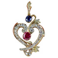 Vintage Diamond Ruby Sapphire Heart Pendant in 18 Carat Gold