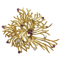 Vintage Diamond, Ruby, Textured Yellow Gold Brooch
