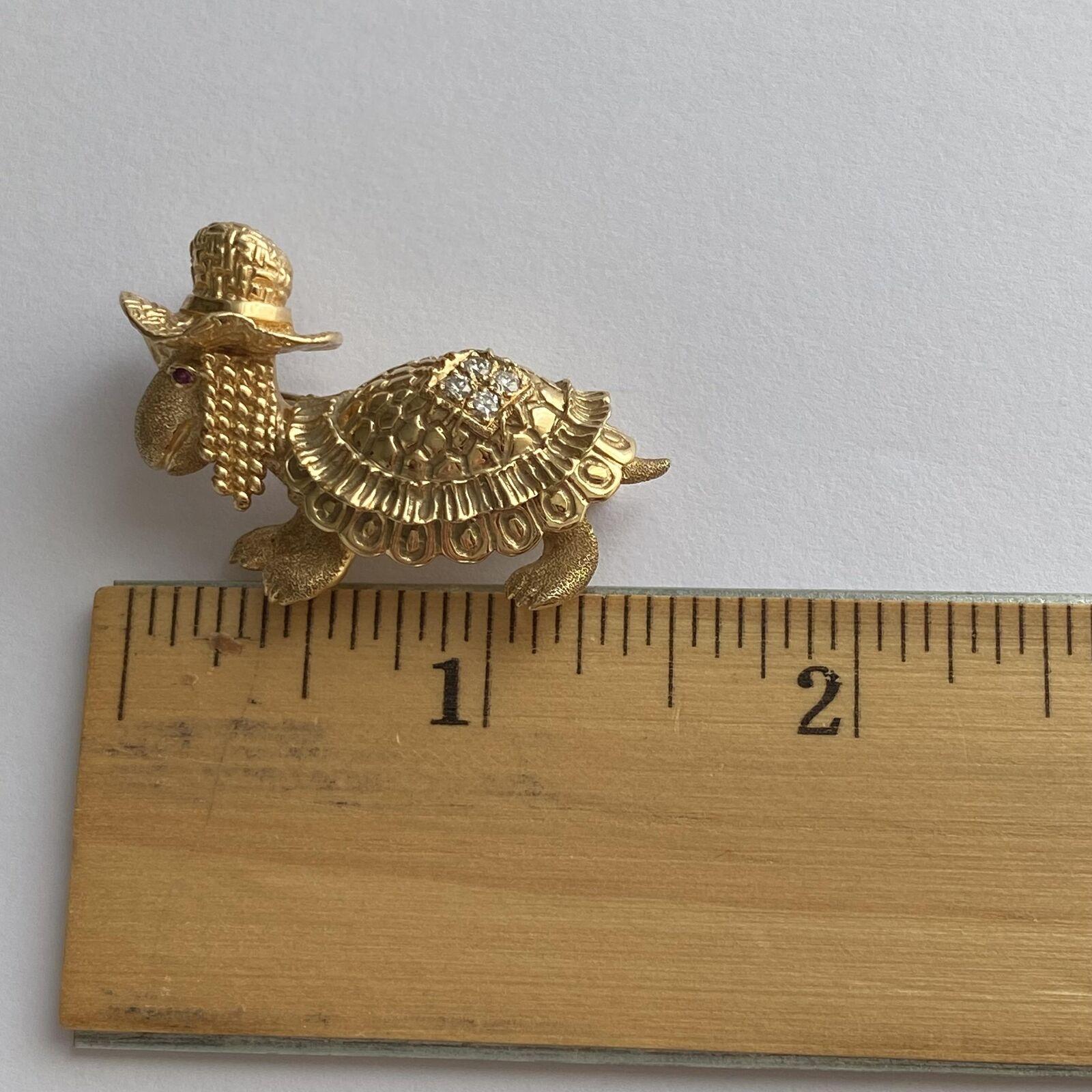 Women's or Men's Vintage Diamond & Ruby Turtle Brooch Pin in 14K Yellow Gold For Sale