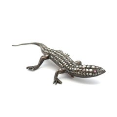 Vintage Diamond Salamander Lizard Silver and Gold Statement Brooch Pin