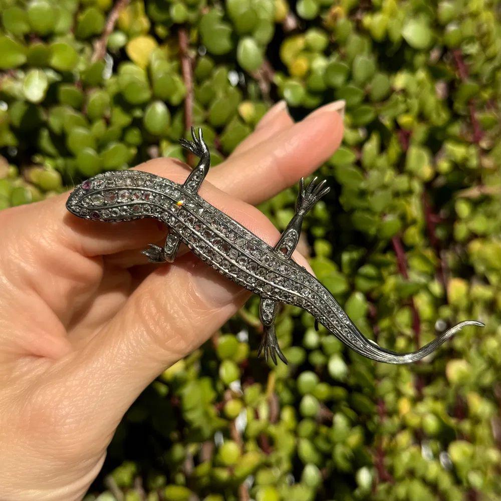 Modernist Vintage Diamond Salamander Lizard Silver and Gold Statement Brooch Pin For Sale