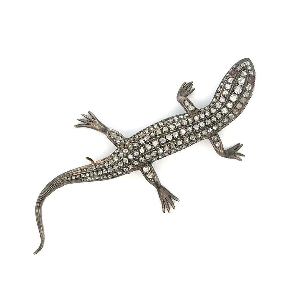 Round Cut Vintage Diamond Salamander Lizard Silver and Gold Statement Brooch Pin For Sale