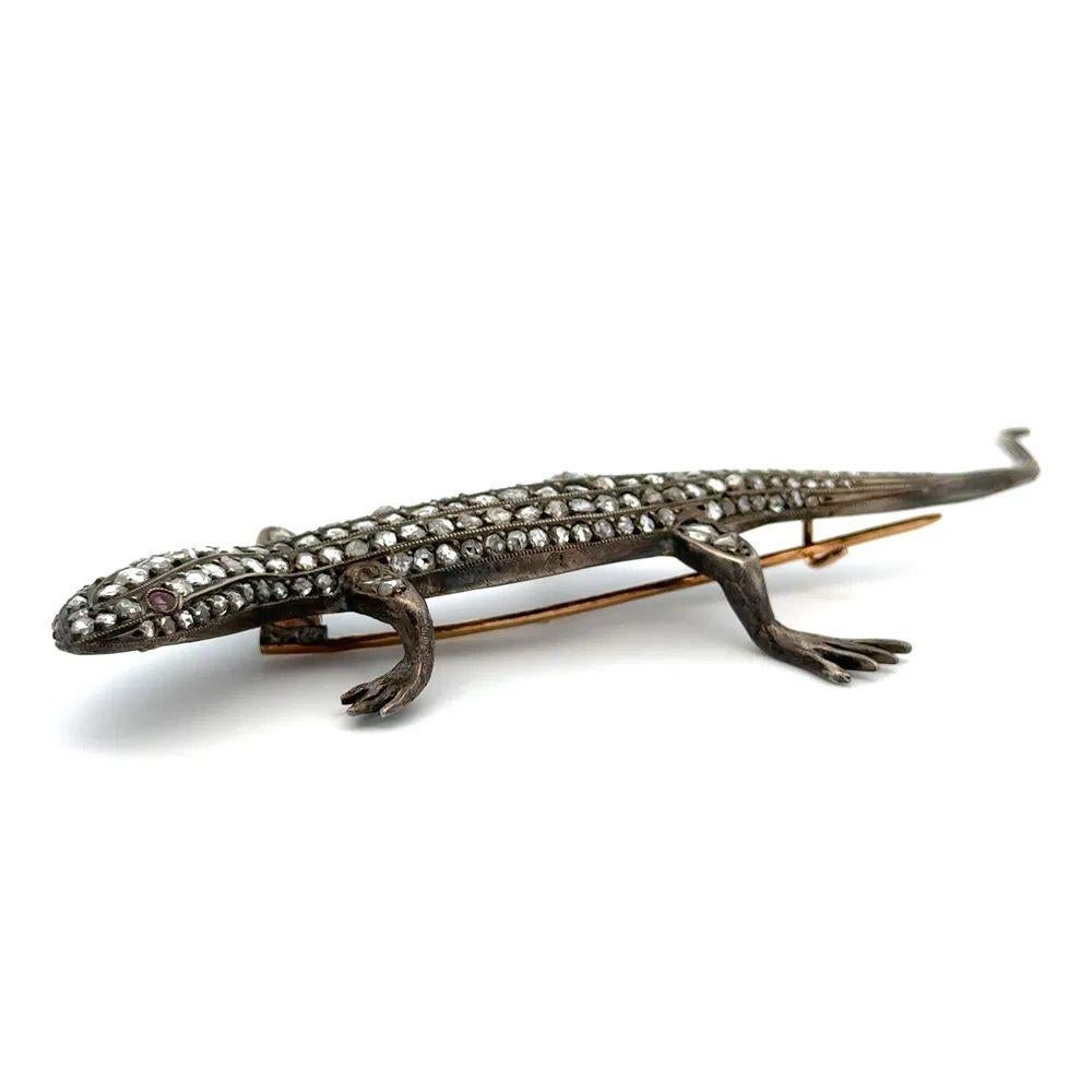 Women's or Men's Vintage Diamond Salamander Lizard Silver and Gold Statement Brooch Pin For Sale