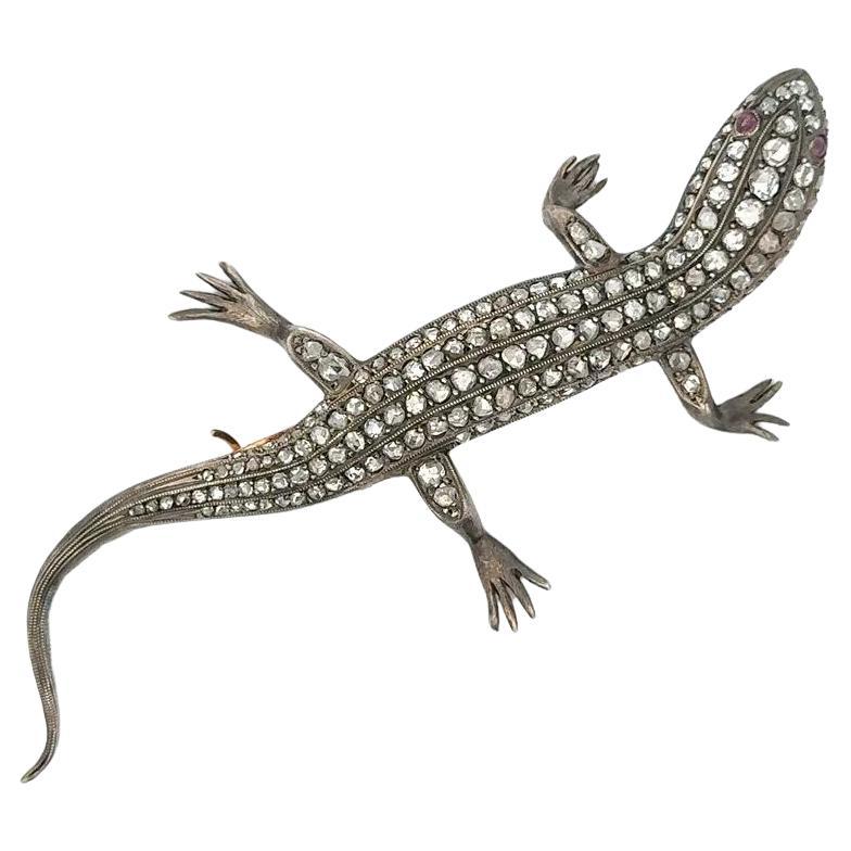Vintage Diamond Salamander Lizard Silver and Gold Statement Brooch Pin For Sale