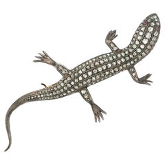Vintage Diamond Salamander Lizard Silver and Gold Statement Brooch Pin