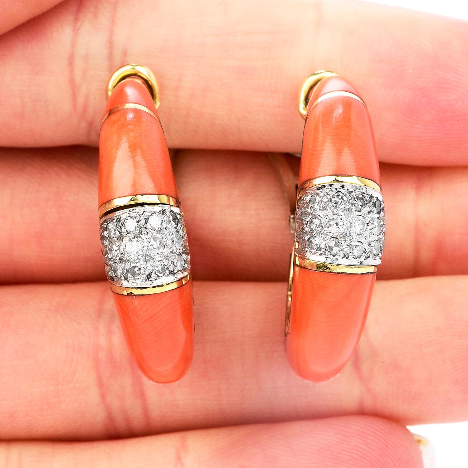 Round Cut Vintage Diamond Salmon Coral 18K Gold Elegant Clip on Earrings