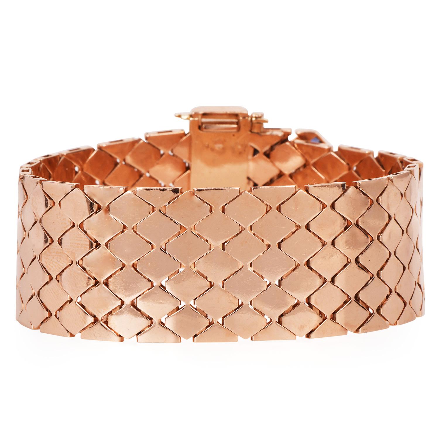 Round Cut Vintage Diamond Sapphire 14K Rose Gold Retro Wide Belt Buckle Bracelet For Sale