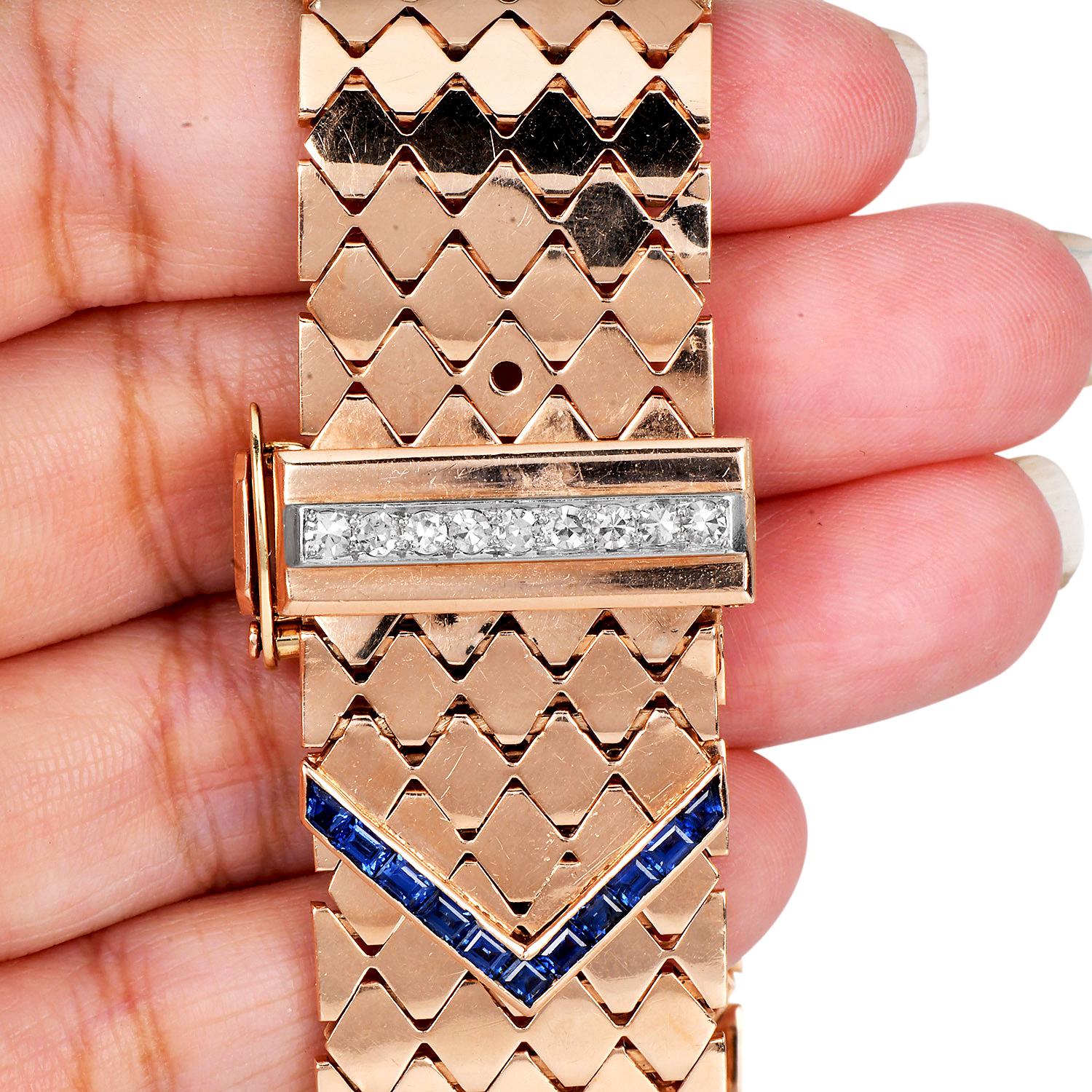 Vintage Diamond Sapphire 14K Rose Gold Retro Wide Belt Buckle Bracelet In Excellent Condition For Sale In Miami, FL