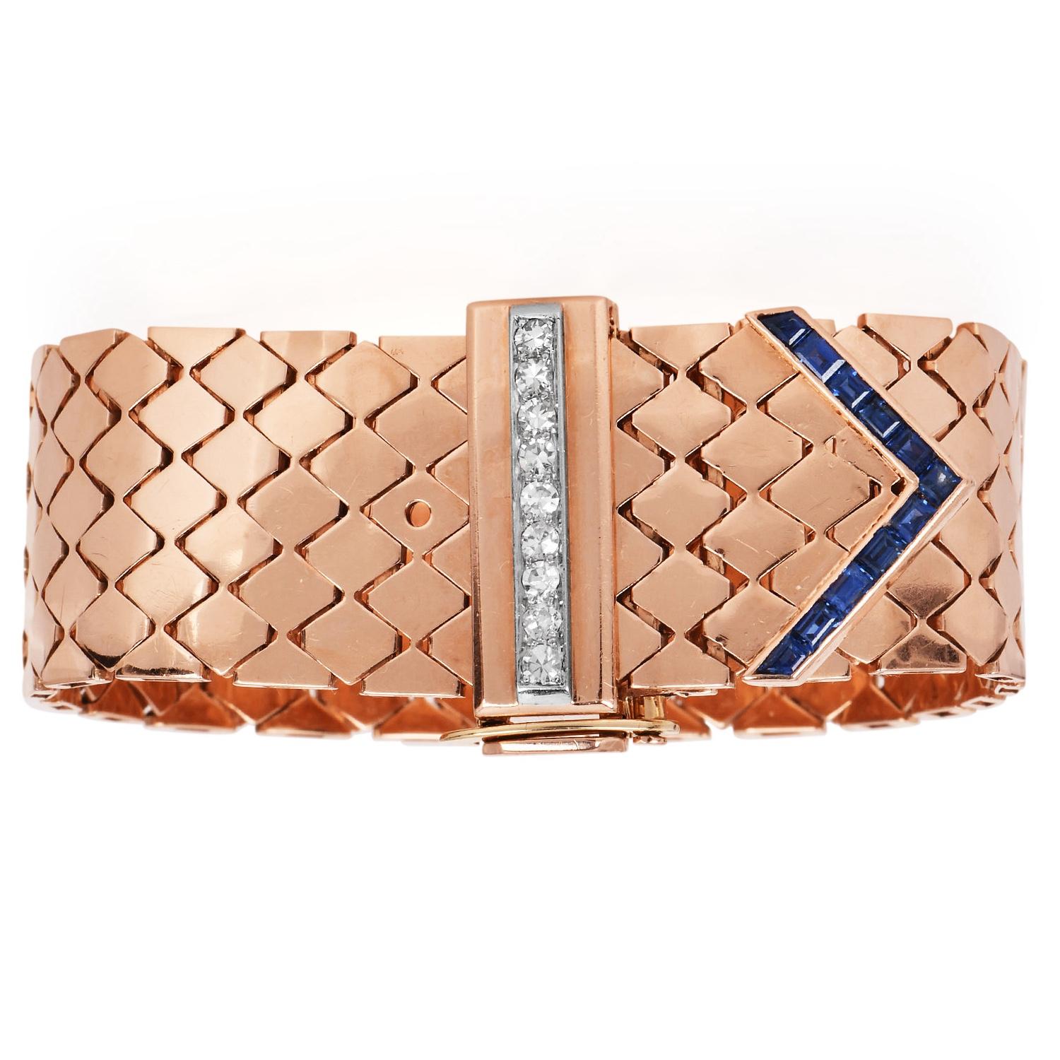 Women's Vintage Diamond Sapphire 14K Rose Gold Retro Wide Belt Buckle Bracelet For Sale