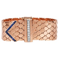 Vintage Diamante Zaffiro Oro Rosa 14K Retro Ampia Cintura Bracciale Fibbia