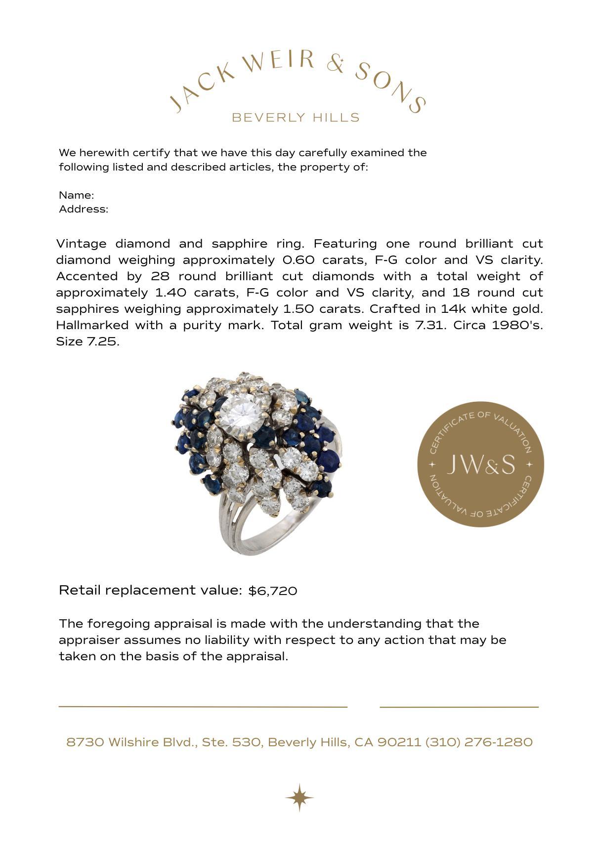 Bague vintage en or blanc 14k avec diamant et saphir Bon état - En vente à Beverly Hills, CA
