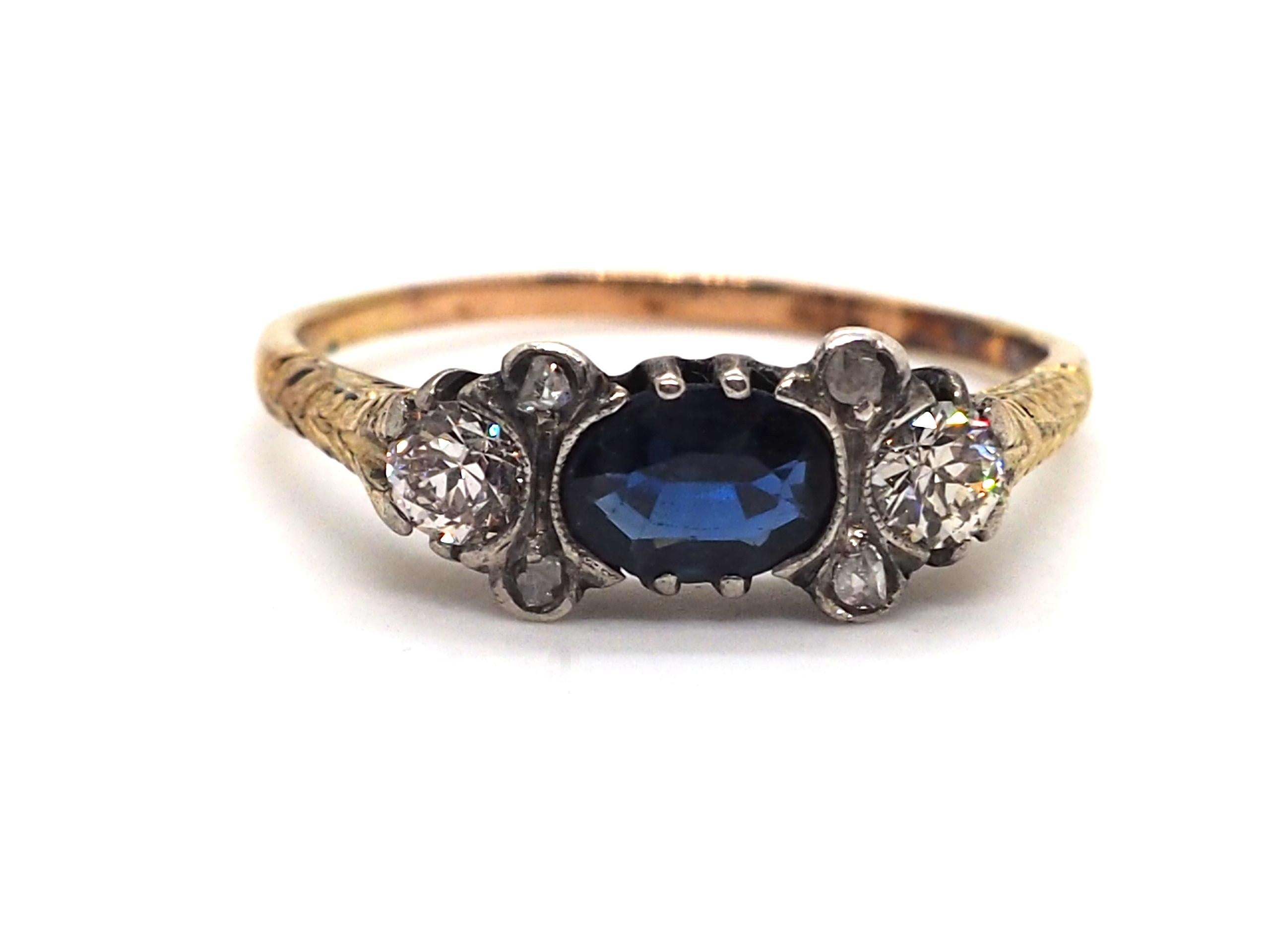 Vintage timeless ring crafted in 14K yellow gold decorated with a oval shape sapphire and 6 diamonds with total weight 0,46 carat

EU size: 61
US size: 9.75

Total weight: 3 grams

All our pieces have been carefully chosen, restored and prepared for