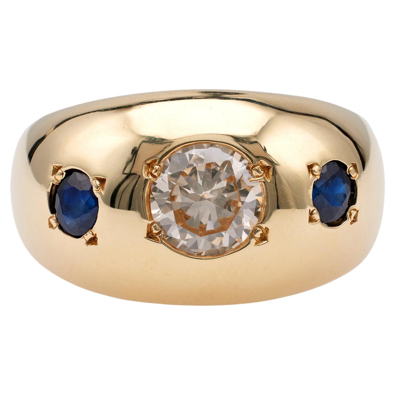 Vintage Diamond Sapphire 14k Yellow Gold Three Stone Ring For Sale