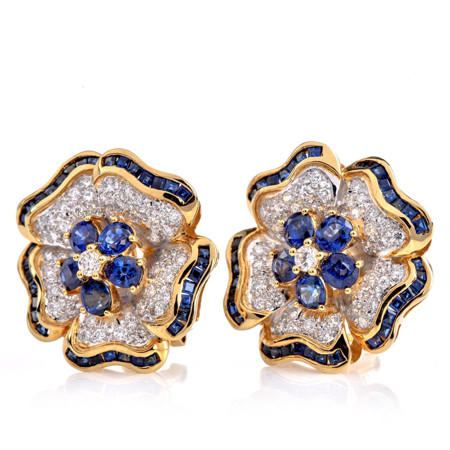 Retro Vintage Diamond Sapphire 18K Gold Flower Motif Earrings For Sale