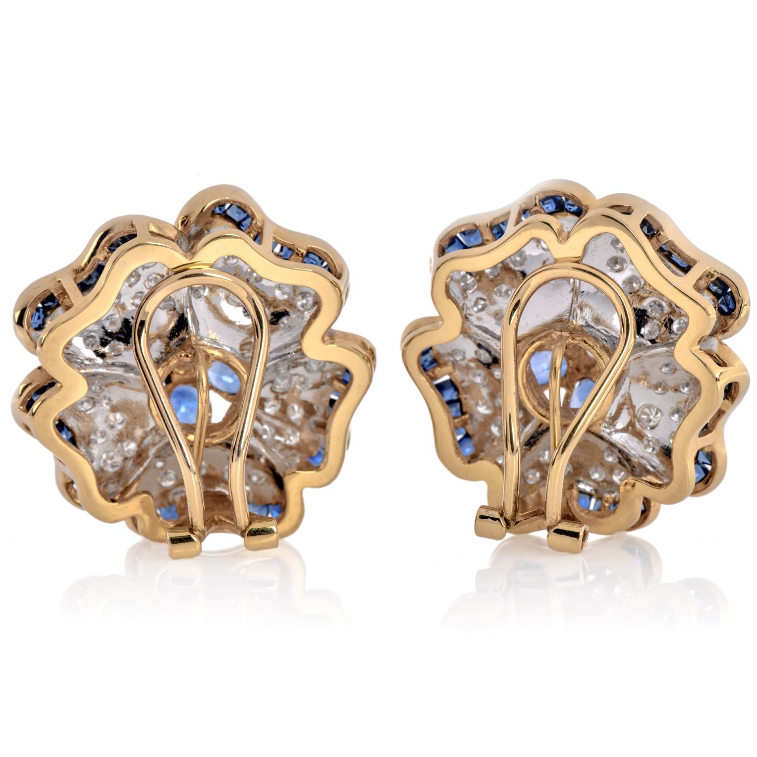 Round Cut Vintage Diamond Sapphire 18K Gold Flower Motif Earrings For Sale