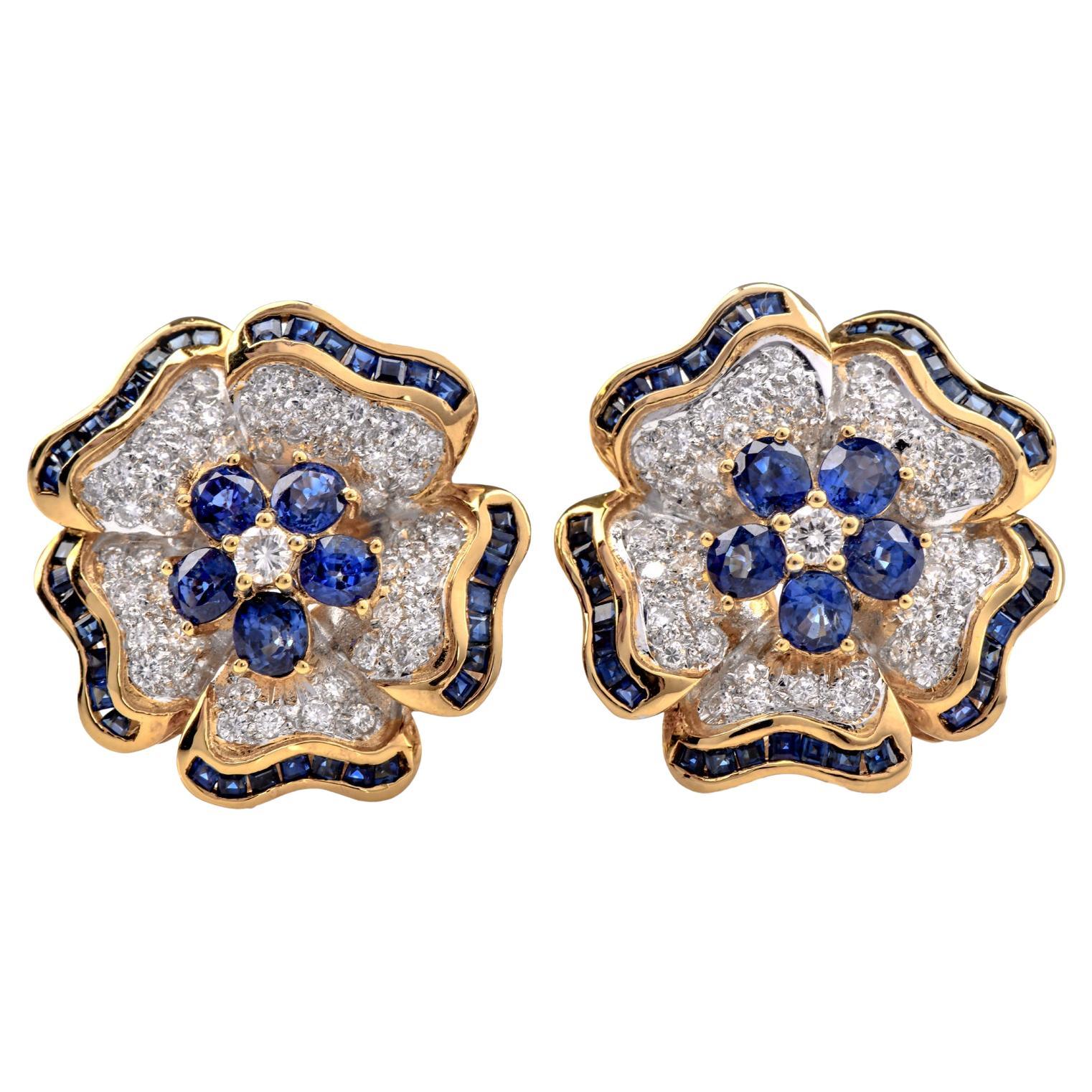 Vintage Diamond Sapphire 18K Gold Flower Motif Earrings For Sale