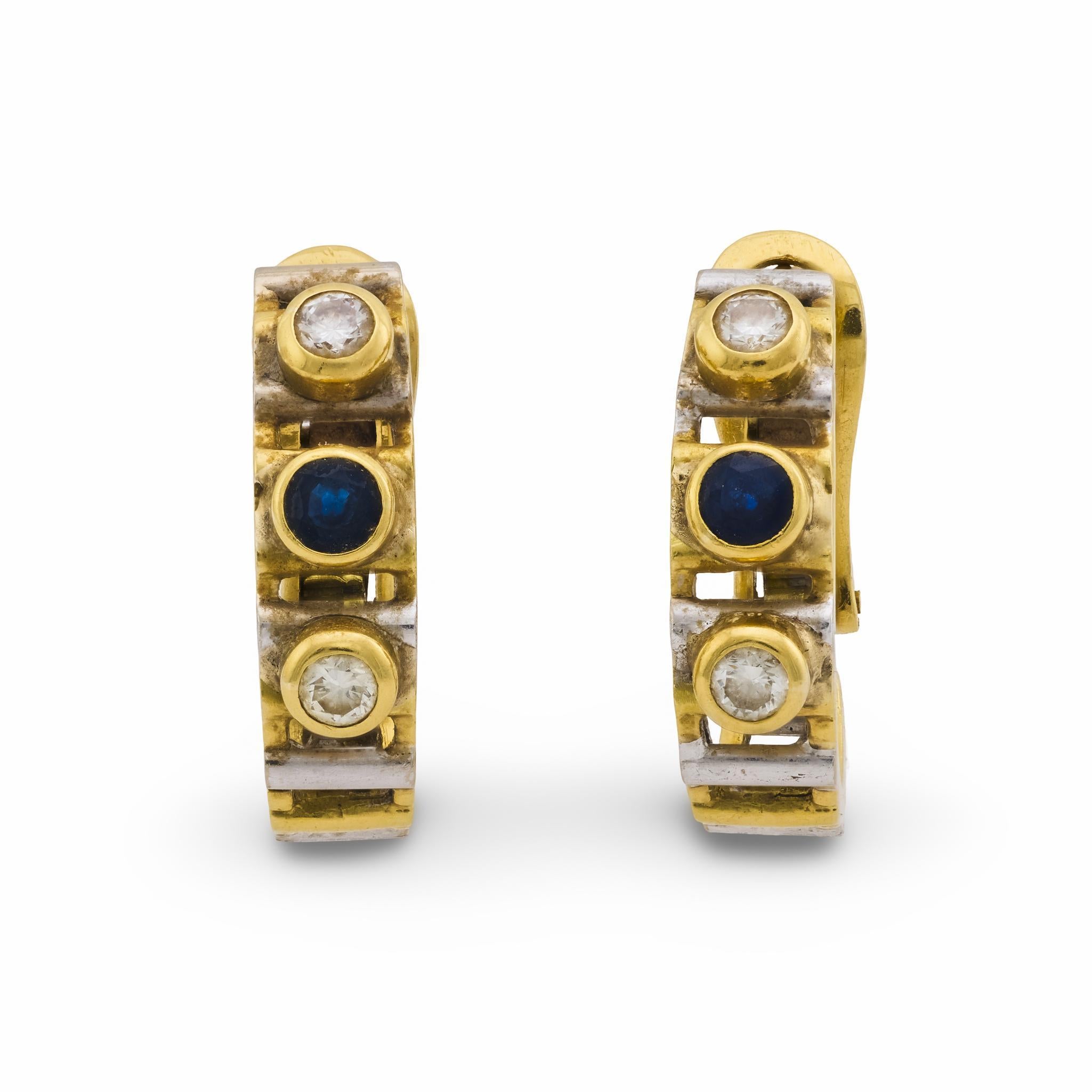 Moderno Orecchini a cerchio d'epoca con diamante e zaffiro in oro giallo e bianco 18 ct. in vendita