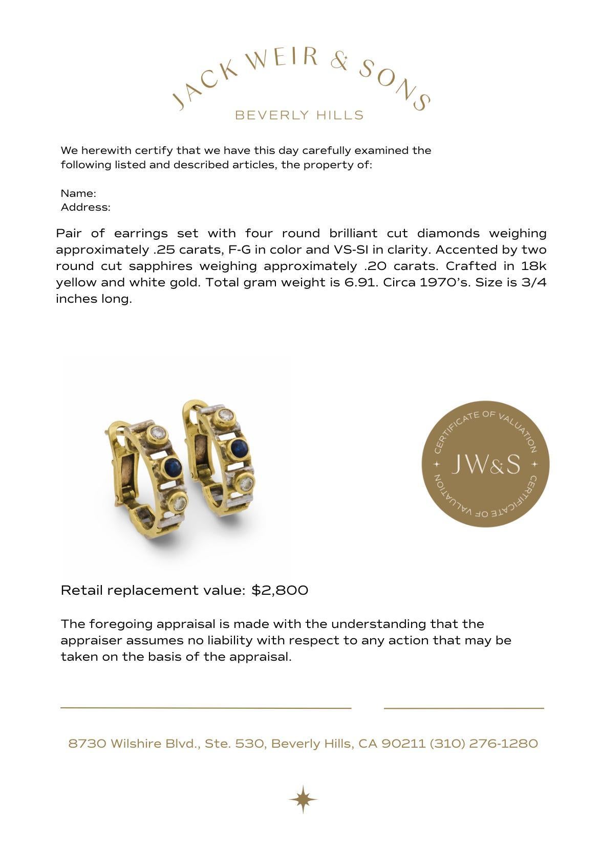 Donna Orecchini a cerchio d'epoca con diamante e zaffiro in oro giallo e bianco 18 ct. in vendita