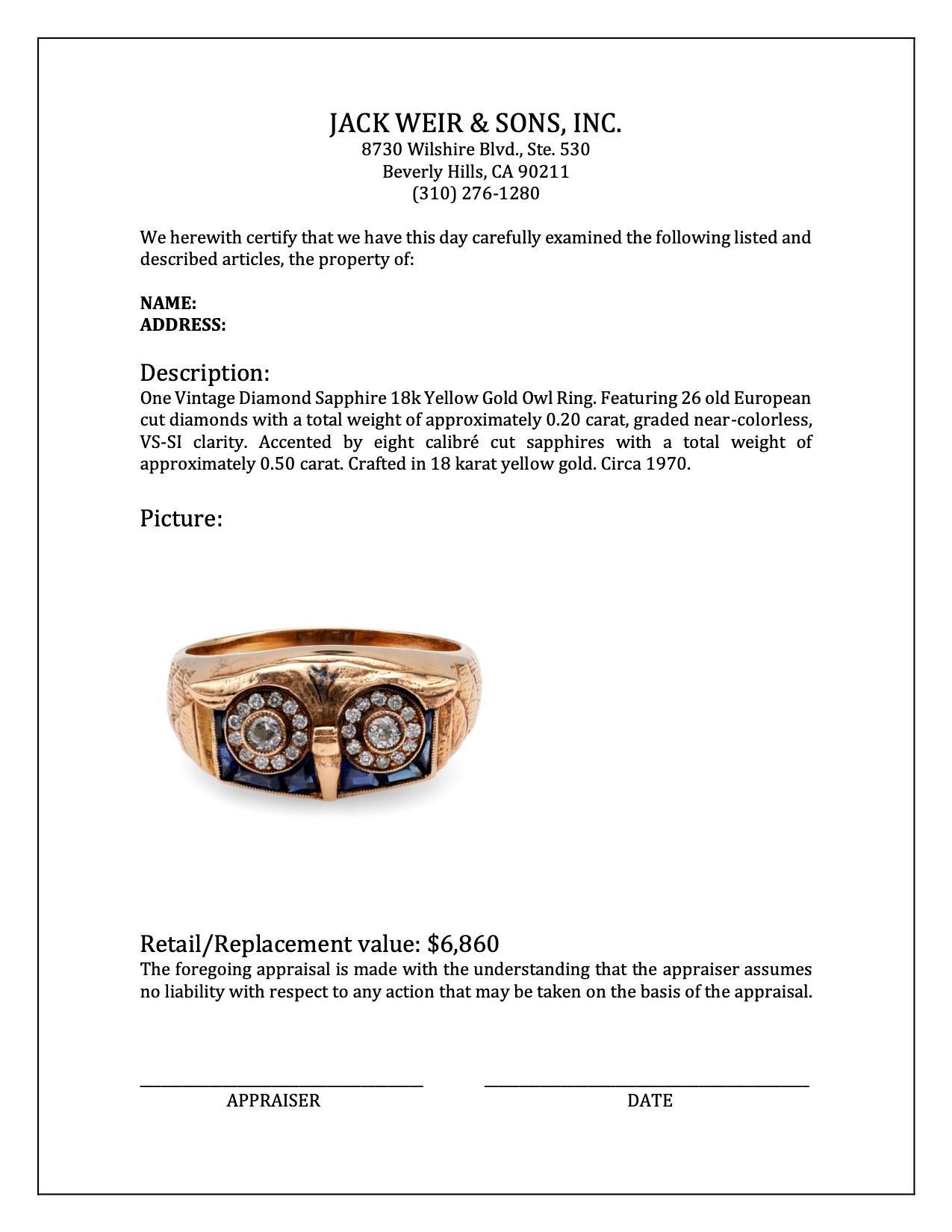 Women's or Men's Vintage Diamond Sapphire 18k Yellow Gold Owl Ring For Sale