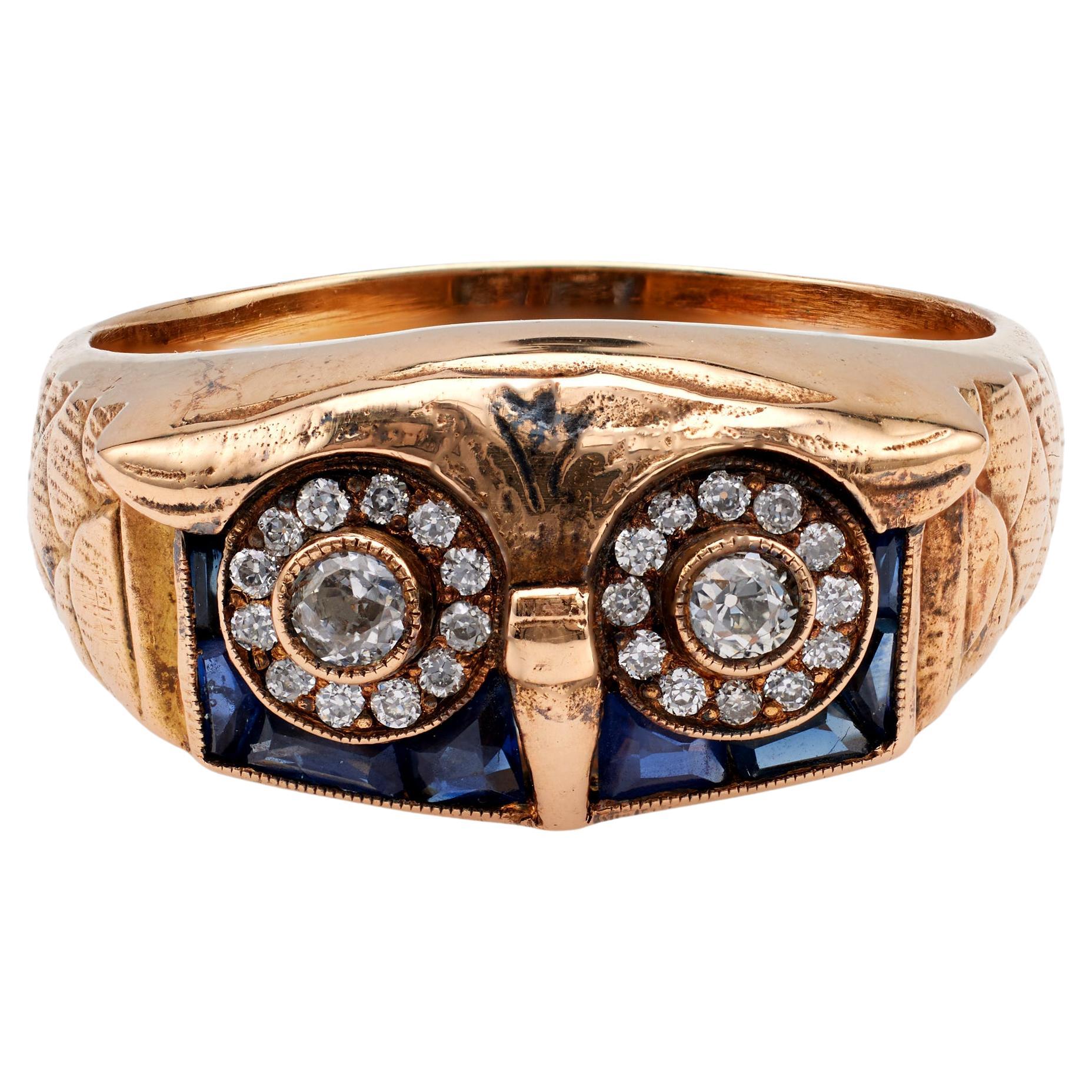Vintage Diamond Sapphire 18k Yellow Gold Owl Ring For Sale