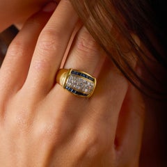 Vintage 1990s 18k Yellow Gold Diamond Sapphire Cocktail Ring, 1.85ct