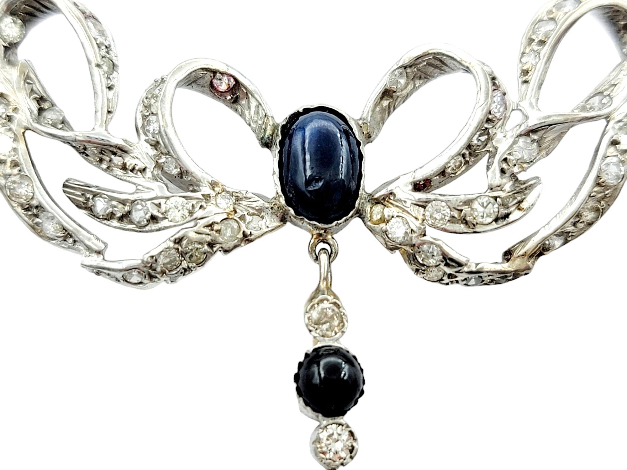 Contemporary Vintage Diamond, Sapphire and Cultured Pearl Drop Necklace Set in Platinum For Sale