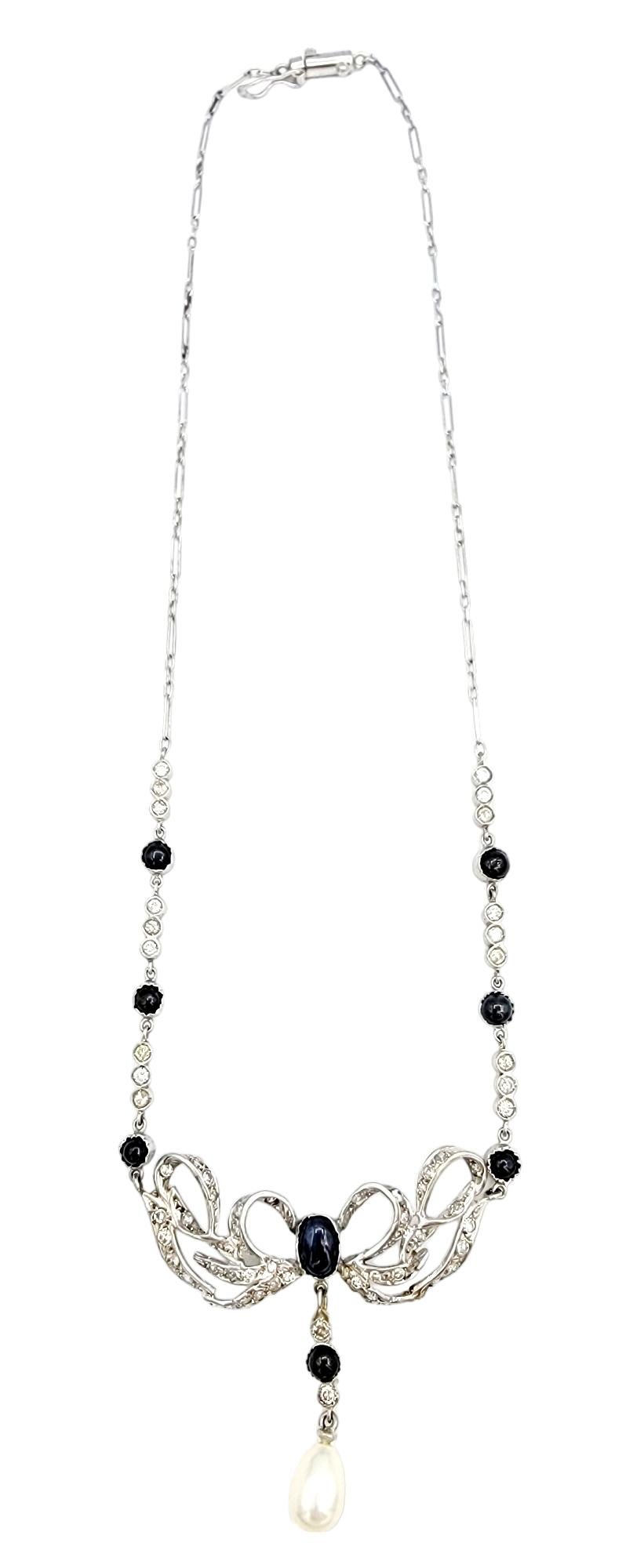 Cabochon Vintage Diamond, Sapphire and Cultured Pearl Drop Necklace Set in Platinum For Sale